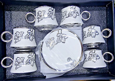 Turkish Arabic Tea Set Of 6 Cups & Saucer White Silver Gift