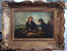 Antique 19thC oil painting on wood panel landscape with two boys and dog, framed