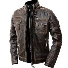 Men's Cafe Racer Vintage Motorcycle Distressed Brown Biker Style Leather Jacket