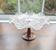 Vintage Cake Stand Fluted Glass On A Wooden Stand