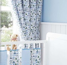 BLACKOUT CURTAINS WHITE BLUE GREEN NOVEL CARS ?PLUS TIE BACKS 66x72” NURSERY