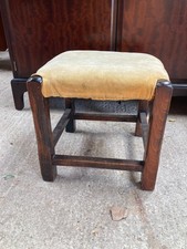 Vintage Brown Wooden Footstool with Yellow Velvet Top 30 x 30 cm x 29 cm high