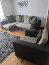 Grey Corner Settee Sofa With Chair & Pouffes