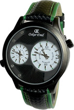 Oskar Emil Classic DUO Dual Time Twin Dial Quality Watch Black & Green Leather