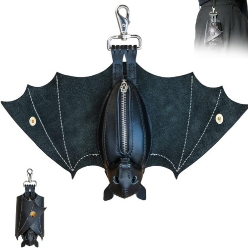 Gothic black leather bat coin - black,