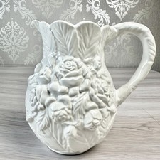 Vintage Large White Pitcher Raised Roses & Leaves Pattern