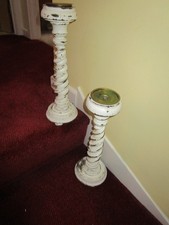 Vintage pair wooden shabby chic looking tall candle holders/sticks