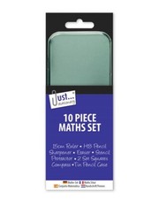 10 Piece Geometry Maths Set In Metal Carry Case Tin HB Pencil Compass Ruler