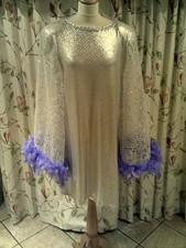 Drag Queen Silver SHORT dress, cape sleeves Purple feathers 16/18