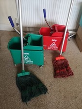 Jantex Kentucky wheeled buckets and mopspair on red and one green