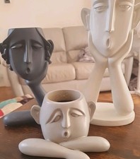 Set three Quirky Planters - Man, Woman  and Child - Cream, Charcoal, Grey Resin