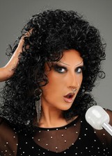 Cher Style 80s Wet Look Perm Curly Black Wig
