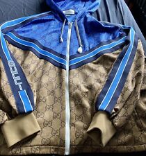 Gucci Runway Monogram Blue Brown Pleated Hood Technical Jacket Size S
