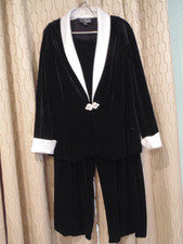Alex Evenings Formal Black Velvet White Satin Tuxedo Pant Suit 3 pc set Plus 1X