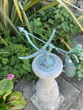GARDEN SUNDIAL ARMILLARY SHERE ON STONE COLUMN PEDESTAL VINTAGE WEATHERED.
