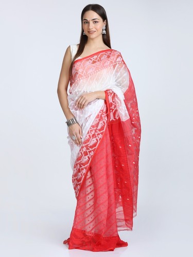 Soft dhakai red white jamdani - soft,