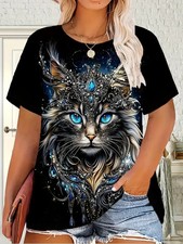 PLUS SIZE 22 26 BLACK PAISLEY CAT TOP BLOUSE T SHIRT STRETCH CURVE SHORT SLEEVE