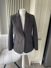 JOULES HORATIA BROWN CHECK TWEED SIZE 8 PINK COLLAR WOOL PARADE JACKET BLAZER