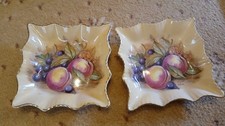 PAIR OF AYNSLEY ORCHARD GOLD BONE CHINA TRINKET PIN TRAY DISHES  FRUIT  D.JONES