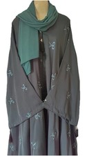Black Abaya Hijab Open Kimono with Matching Hijab Green Bow Detail size 54