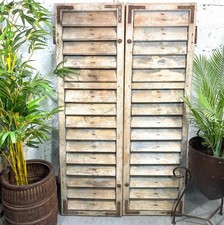 Vintage Antique Pair Grey French Pine European Wooden Window Louvered Shutters
