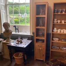Stylish slim oak cabinet with drawer and cupboard