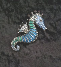 Blue And Green Rhinestone Seahorse  Brooch Silver Tone Vintage Inspired 