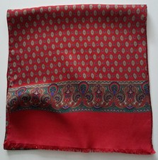 Vintage  Men's Fringed  Red Geometric/Paisley Patterned Silk Scarf (1044E)