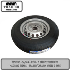 165R13C 13 inch trailer Wheel and Tyre 96/94N 710kgs M12 5x112mm PCD x 1