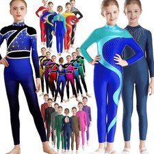 UK Girls Long Sleeve Dance Jumpsuit Sparkly Gymnastics Bodysuit  Ballet Leotards