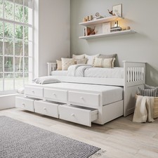 Single Bed White Wooden with Trundle Bed and 3 Storage Drawers