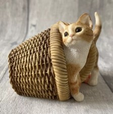 Hand Painted Ginger Kittens Playing In A Basket Ceramic Figurine