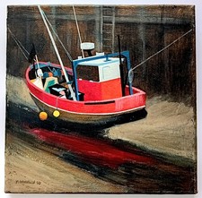 ORIGINAL OIL PAINTING ON CANVAS BY F WHITEHEAD 30 CM X 30 CM FISHING BOAT