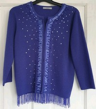 M&S Womens Cardigan UK 10 Cobalt Sequin Beaded Tassel Hem Wool Blend L22"