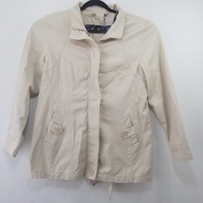 BHS Short Full Zip Coat Jacket Size 16 Beige Belt Pockets Cotton Winter Autumn