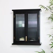 Black Reeded Glass Wall Cabinet shelf shelving storage vintage art deco
