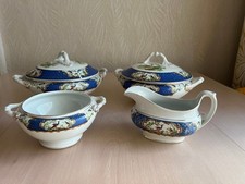 Two Wilton Ware Blue Bird Lidded Tureens, Milk and Sugar Bowl Early 20th century