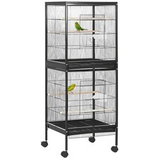 PawHut 2 In 1 Large Bird Cage Aviary with Wheels, Slide-out Trays Wood Perches
