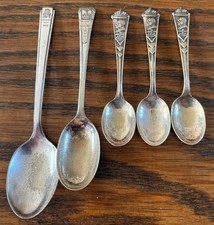 Antique 1937 silver plated coronation spoons, George VI, x5, 3 designs, original