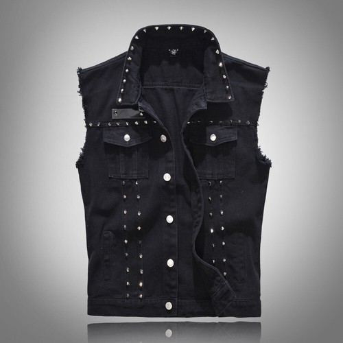 Men punk studded denim gilet - studded,