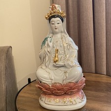 Ceramic Guan Yin Lotus Statue Brand New 