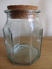 Glass Jar Storage Hexagonal Six Sided Cork Lid Size 15 cm VINTAGE Green Rustic