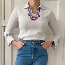 Vintage Original 70s cheesecloth Embroidered white cotton collared Top. UK 6-10