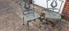 Vintage old ornate aluminium metal garden patio PAIR/2 chairs eau de nil green