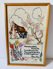 VINTAGE FRAMED HAND EMBROIDERED PICTURE - PATIENCE STRONG COTTAGE VERSE 13x8.5"