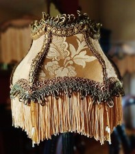 Parlour, Victorian Downton beaded lampshade Antique gold damask metalic braid 8"