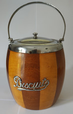 Vintage Oak wooden biscuit barrel With Ceramic Liner 