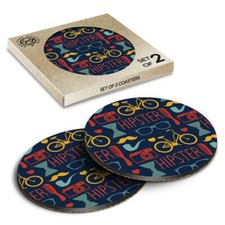 2 x Boxed Round Coasters - Hipster Mustache Bike Pattern  #14255