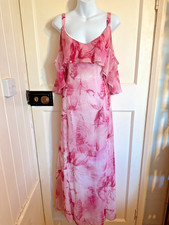 Roman Pink Feather Print Maxi Dress Women UK 18 Cold Shoulder Ruffle Overlay