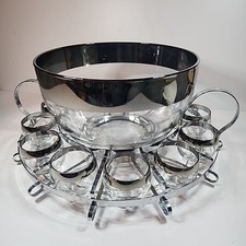 Vtg Dorothy Thorpe Silver Punch Bowl Set & Caddy with 12 Roly Poly Glasses MCM